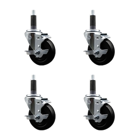 Service Caster 4'' Hard Rubber Swivel 1'' Expanding Stem Caster Set with Brake, 4PK SCC-EX20S414-HRS-TLB-1-4